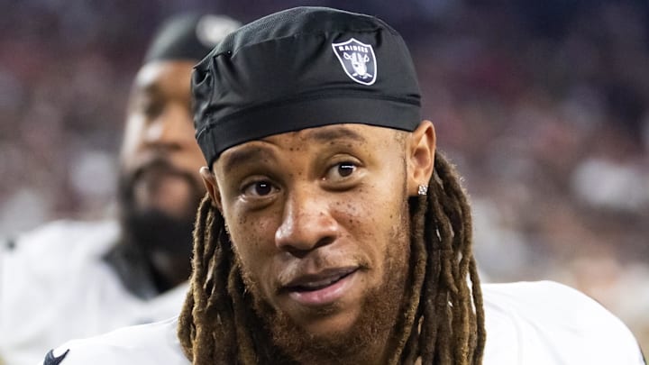Aug 23, 2025; Glendale, Arizona, USA; Las Vegas Raiders cornerback Eric Stokes (22) against the Arizona Cardinals during a preseason NFL game at State Farm Stadium. Mandatory Credit: Mark J. Rebilas-Imagn Images