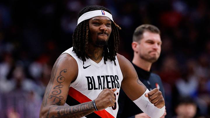 Apr 6, 2026; Denver, Colorado, USA; Portland Trail Blazers center Robert Williams III (35) reacts from the sideline in the third quarter against the Denver Nuggets at Ball Arena. Mandatory Credit: Isaiah J. Downing-Imagn Images