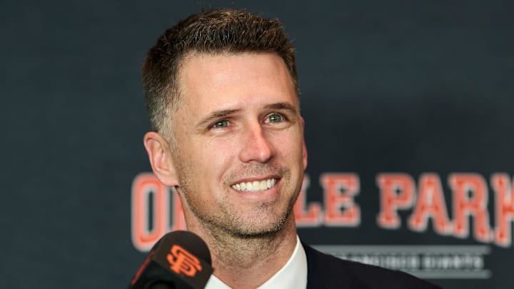 Dec 12, 2024; San Francisco, CA, USA; San Francisco Giants president of baseball operations Buster Posey speaks during the introductory press conference for shortstop Willy Adames (not pictured) at Oracle Park.  