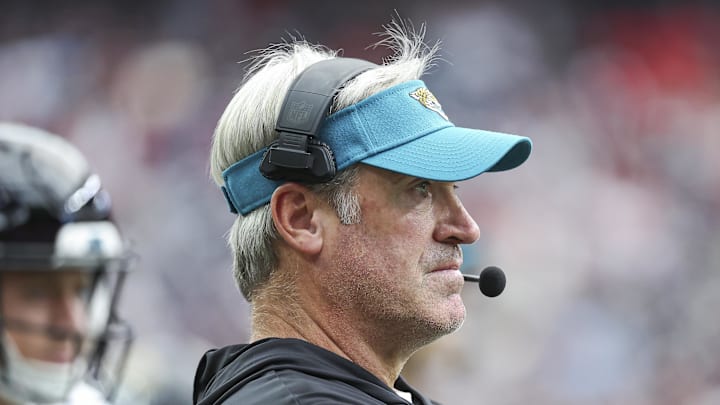 Sep 29, 2024; Houston, Texas, USA; Jacksonville Jaguars head coach Doug Pederson looks on during the fourth quarter against the Houston Texans at NRG Stadium. Mandatory Credit: Troy Taormina-Imagn Images