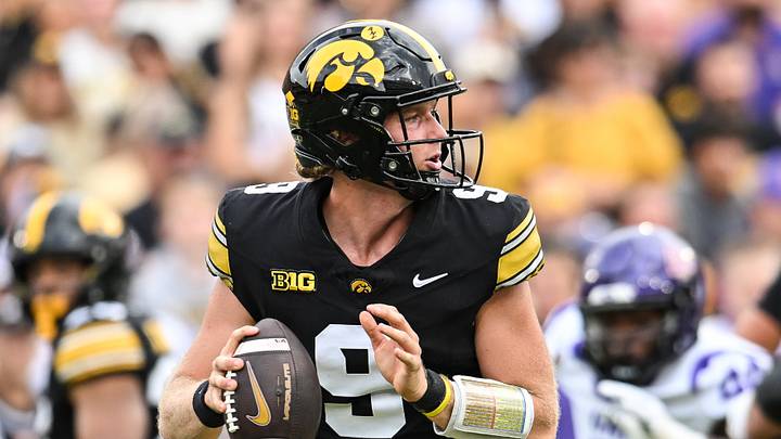 Sep 19, 2026; Iowa City, Iowa, USA;  Iowa Hawkeyes quarterback Hank Brown (9) looks to throws a pass against the UNI Panthers during the first quarter at Kinnick Stadium.  Mandatory Credit: Jeffrey Becker-Imagn Images