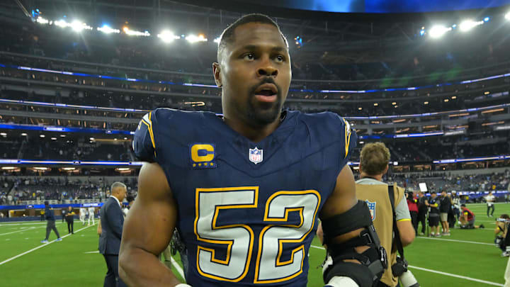 Oct 23, 2025; Inglewood, California, USA; Los Angeles Chargers linebacker Khalil Mack (52) after the game at SoFi Stadium. Mandatory Credit: Jayne Kamin-Oncea-Imagn Images