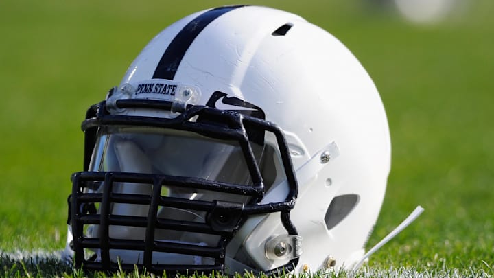Nov 16, 2013; University Park, PA, USA; General view of a Penn State Nittany Lions helmet prior to the game against the Purdue Boilermakers at Beaver Stadium.  