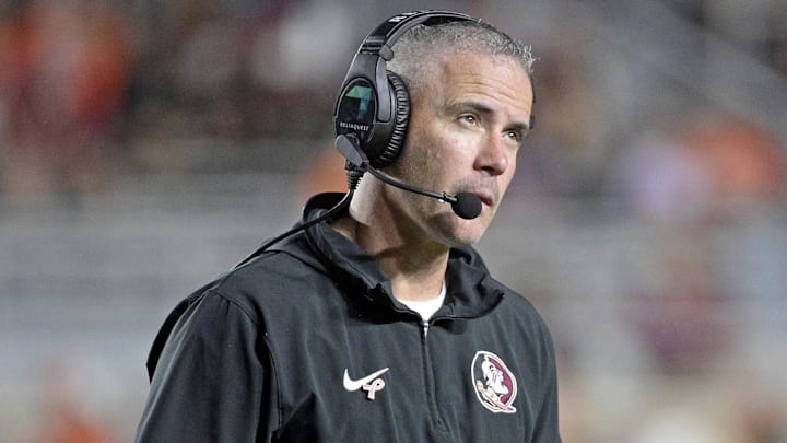 Oct 5, 2024; Tallahassee, Florida, USA; Florida State Seminoles head coach Mike Norvell looks on during the second half against the Clemson Tigers at Doak S. Campbell Stadium. Mandatory Credit: Melina Myers-Imagn Images
