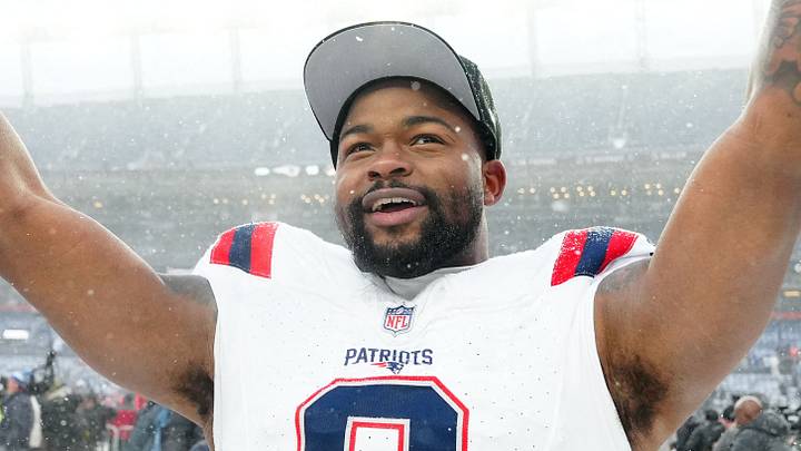 Jan 25, 2026; Denver, CO, USA; New England Patriots wide receiver Kayshon Boutte (9) reacts after defeating the Denver Broncos in the 2026 AFC Championship Game at Empower Field at Mile High. Mandatory Credit: Ron Chenoy-Imagn Images