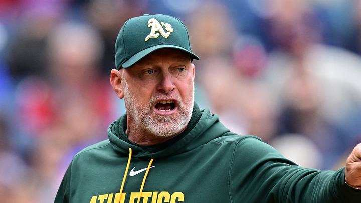 Sep 20, 2026; Cleveland, Ohio, USA; Athletics manager Mark Kotsay (7) argues with umpire Jordan Baker (71) during the fourth inning against the Cleveland Guardians at Progressive Field. Mandatory Credit: David Dermer-Imagn Images Sep 20, 2026; Cleveland, Ohio, USA; Athletics manager Mark Kotsay (7) argues with umpire Jordan Baker (71) during the fourth inning against the Cleveland Guardians at Progressive Field. Mandatory Credit: David Dermer-Imagn Images