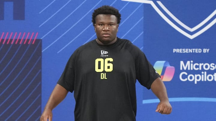 Feb 26, 2026; Indianapolis, IN, USA; NC State defensive lineman Brandon Cleveland (DL06) prepares to run the 40-yard dash during the NFL Scouting Combine at Lucas Oil Stadium. Mandatory Credit: Kirby Lee-Imagn Images
