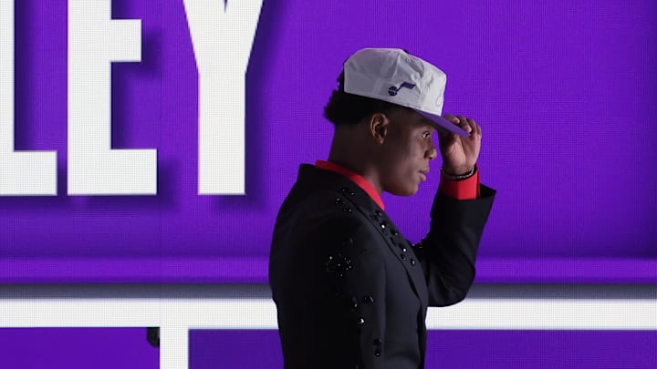 Jun 25, 2025; Brooklyn, NY, USA;  Ace Bailey looks on after being selected as the fifth pick by the Utah in the first round of the 2025 NBA Draft at Barclays Center. Mandatory Credit: Brad Penner-Imagn Images