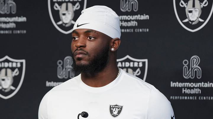 May 2, 2026; Henderson, NV, USA; Las Vegas Raiders defensive end Keyron Crawford (42) speaks during a news conference at the team’s Rookie Minicamp at Intermountain Health Performance Center. Mandatory Credit: Candice Ward-Imagn Images May 2, 2026; Henderson, NV, USA; Las Vegas Raiders defensive end Keyron Crawford (42) speaks during a news conference at the team’s Rookie Minicamp at Intermountain Health Performance Center. Mandatory Credit: Candice Ward-Imagn Images