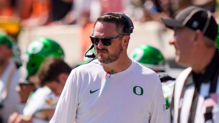 Oregon head coach Dan Lanning looks on as the Oregon Ducks face the Oklahoma State Cowboys on Sept. 12, 2026, at Boone Pickens Stadium in Stillwater, Oklahoma Oregon head coach Dan Lanning looks on as the Oregon Ducks face the Oklahoma State Cowboys on Sept. 12, 2026, at Boone Pickens Stadium in Stillwater, Oklahoma