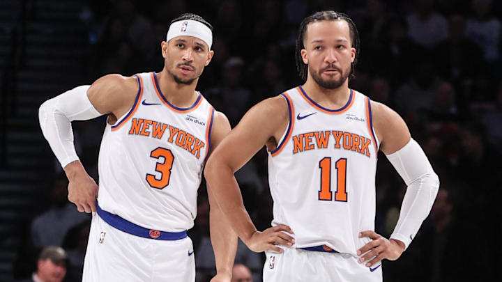 Jan 21, 2025; Brooklyn, New York, USA;  New York Knicks guards Josh Hart (3) and Jalen Brunson (11) at Barclays Center. Mandatory Credit: Wendell Cruz-Imagn Images