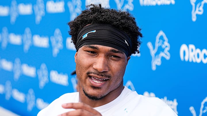 Detroit Lions safety Brian Branch (32) speaks to media members during training camp at Meijer Performance Center in Allen Park on Monday, July 28, 2025.
