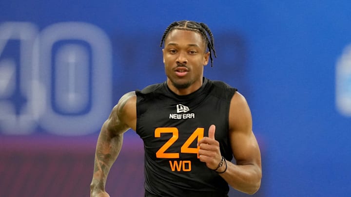 Oregon wideout Tez Johnson during the NFL Combine at Lucas Oil Stadium.