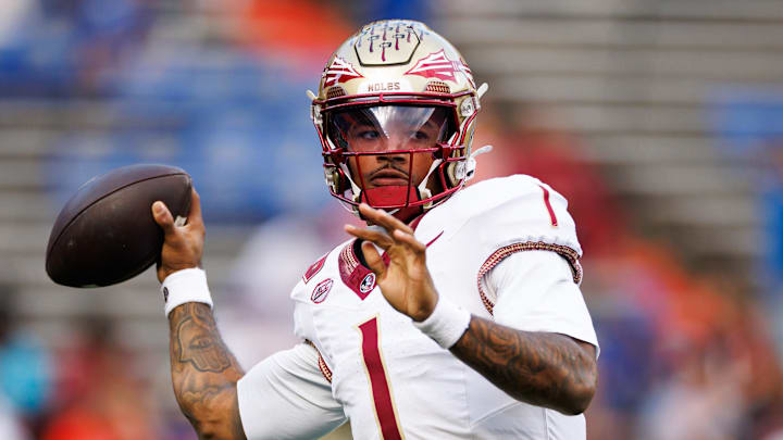 Nov 29, 2025; Gainesville, Florida, USA; Florida State Seminoles quarterback Tommy Castellanos (1) throws the ball before a game against the Florida Gators at Ben Hill Griffin Stadium. Mandatory Credit: Matt Pendleton-Imagn Images Nov 29, 2025; Gainesville, Florida, USA; Florida State Seminoles quarterback Tommy Castellanos (1) throws the ball before a game against the Florida Gators at Ben Hill Griffin Stadium. Mandatory Credit: Matt Pendleton-Imagn Images