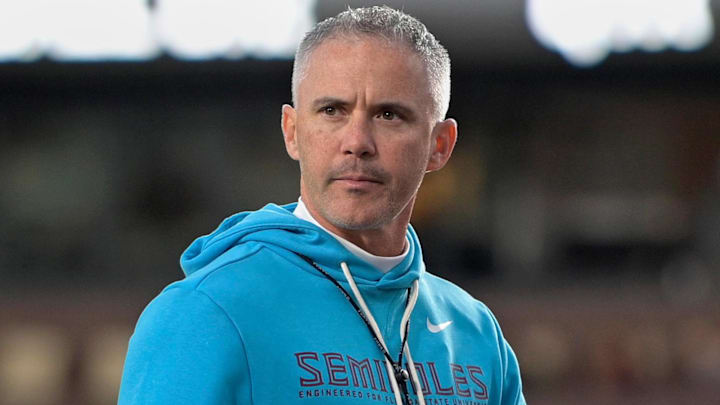 Nov 1, 2025; Tallahassee, Florida, USA; Florida State Seminoles head coach Mike Norvell looks on before the game against the Wake Forest Demon Deacons at Doak S. Campbell Stadium. Mandatory Credit: Melina Myers-Imagn Images