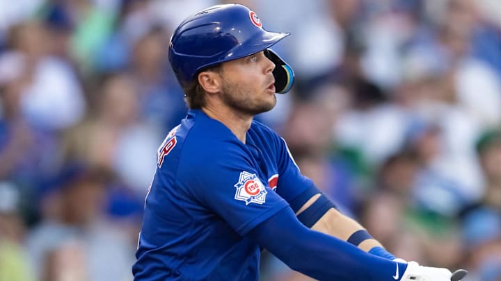 Mar 17, 2026; Mesa, Arizona, USA; Chicago Cubs second baseman Nico Hoerner against the Los Angeles Angels during a spring training game at Sloan Park. Mandatory Credit: Mark J. Rebilas-Imagn Images