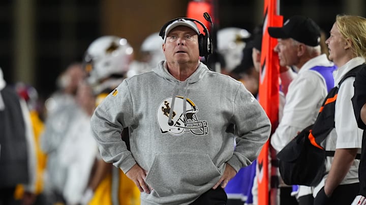 Wyoming Cowboys head coach Jay Sawvel looks on in the second half against the Utah Utes at Jonah Field at War Memorial Stadium.