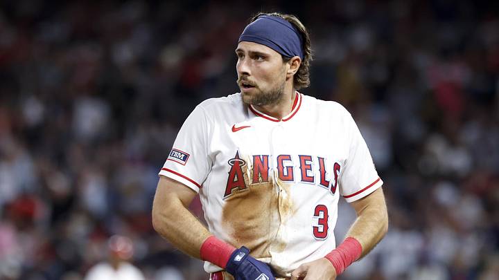 Apr 7, 2026; Anaheim, California, USA; Los Angeles Angels right fielder Josh Lowe (3) looks on during the sixth inning against the Atlanta Braves at Angel Stadium. Mandatory Credit: William Navarro-Imagn Images