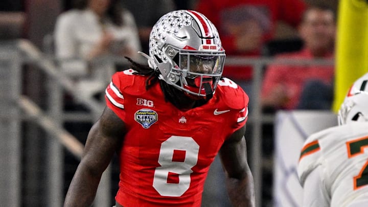 Dec 31, 2025; Arlington, TX, USA; Ohio State Buckeyes linebacker Arvell Reese (8) gets into position during the 2025 Cotton Bowl and quarterfinal game of the College Football Playoff at AT&T Stadium. Mandatory Credit: Jerome Miron-Imagn Images