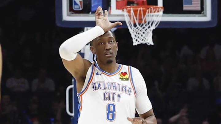 Oct 9, 2024; Oklahoma City, Oklahoma, USA; Oklahoma City Thunder forward Jalen Williams (8) gestures after scoring a basket against the Houston Rockets during the first quarter at Paycom Center. Mandatory Credit: Alonzo Adams-Imagn Images