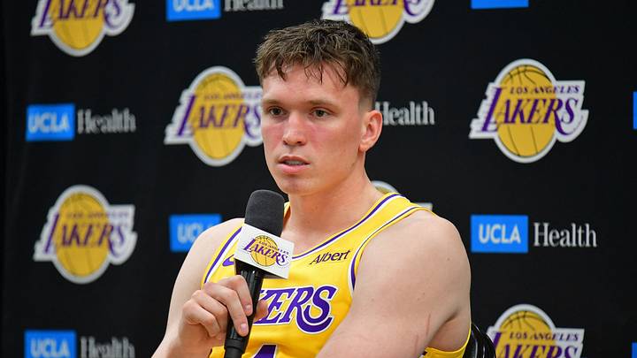 Sep 28, 2026; El Segundo, CA, USA; Los Angeles Lakers player Dalton Knecht (4) during media day at UCLA Health Training Center.  Mandatory Credit: Gary A. Vasquez-Imagn Images