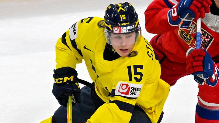 Jan 5, 2026; St. Paul, Minnesota, USA; Sweden forward Ivar Stenberg (15) controls the puck as Czechia defensemen Radim Mrtka (6) gives chase during the first period in the final of the 2026 IIHF World Junior Championship ice hockey tournament at Grand Casino Arena. Mandatory Credit: Nick Wosika-Imagn Images Jan 5, 2026; St. Paul, Minnesota, USA; Sweden forward Ivar Stenberg (15) controls the puck as Czechia defensemen Radim Mrtka (6) gives chase during the first period in the final of the 2026 IIHF World Junior Championship ice hockey tournament at Grand Casino Arena. Mandatory Credit: Nick Wosika-Imagn Images