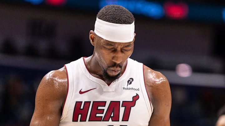 Miami Heat center/forward Bam Adebayo (13) reacts to missing a free throw against the New Orleans Pelicans during the first half at Smoothie King Center on February 11, 2026. Miami Heat center/forward Bam Adebayo (13) reacts to missing a free throw against the New Orleans Pelicans during the first half at Smoothie King Center on February 11, 2026.