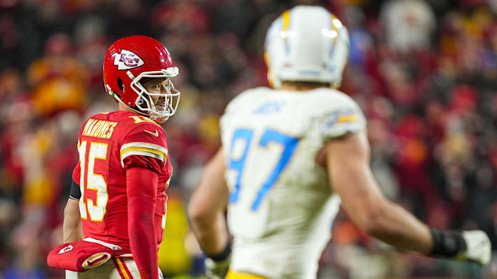 Dec 8, 2024; Kansas City, Missouri, USA; Kansas City Chiefs quarterback Patrick Mahomes (15) reacts after a first down during the second half against the Los Angeles Chargers at GEHA Field at Arrowhead Stadium. Mandatory Credit: Jay Biggerstaff-Imagn Images Dec 8, 2024; Kansas City, Missouri, USA; Kansas City Chiefs quarterback Patrick Mahomes (15) reacts after a first down during the second half against the Los Angeles Chargers at GEHA Field at Arrowhead Stadium. Mandatory Credit: Jay Biggerstaff-Imagn Images