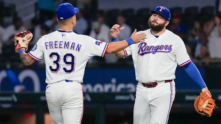 Texas Rangers third baseman Cody Freeman and first baseman Jake Burger. Credit: Raymond Carlin III-Imagn Images