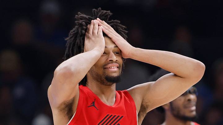 Jan 11, 2024; Oklahoma City, Oklahoma, USA; Portland Trail Blazers guard Shaedon Sharpe (17) reacts after a play against the Oklahoma City Thunder during the second quarter at Paycom Center. Mandatory Credit: Alonzo Adams-USA TODAY Sports Jan 11, 2024; Oklahoma City, Oklahoma, USA; Portland Trail Blazers guard Shaedon Sharpe (17) reacts after a play against the Oklahoma City Thunder during the second quarter at Paycom Center. Mandatory Credit: Alonzo Adams-USA TODAY Sports