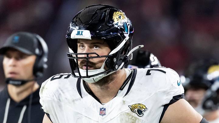 Nov 23, 2025; Glendale, Arizona, USA; Jacksonville Jaguars offensive lineman Ezra Cleveland (76) against the Arizona Cardinals at State Farm Stadium. 