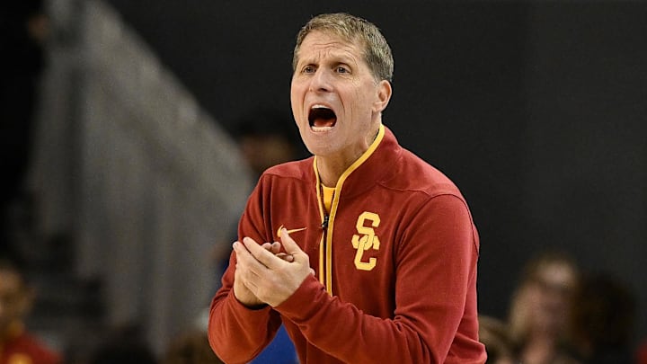 Feb 24, 2026; Los Angeles, California, USA; Southern California head coach Eric Musselman  communicates during the first half against the UCLA Bruins at Pauley Pavilion presented by Wescom Financial.