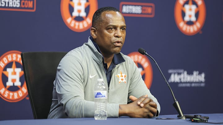 Aug 1, 2023; Houston, Texas, USA; Houston Astros general manager Dana Brown speaks with media before the game against the Cleveland Guardians at Minute Maid Park. Mandatory Credit: Troy Taormina-Imagn Images