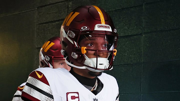 Jan 26, 2025; Philadelphia, PA, USA; Washington Commanders quarterback Jayden Daniels (5) walks in the tunnel before the NFC Championship game at Lincoln Financial Field. Mandatory Credit: Bill Streicher-Imagn Images