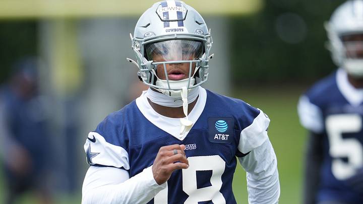 Dallas Cowboys cornerback Caleb Downs on the field during practice at the Ford Center at the Star Training Facility 