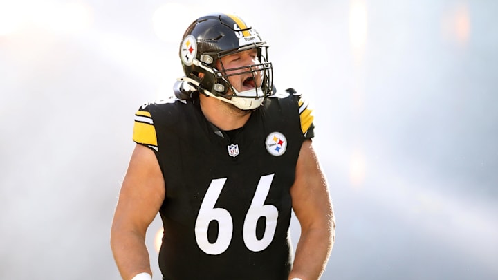 Dec 8, 2024; Pittsburgh, Pennsylvania, USA;  Pittsburgh Steelers guard Mason McCormick (66) reacts as he takes the field against the Cleveland Browns at Acrisure Stadium. Mandatory Credit: Charles LeClaire-Imagn Images