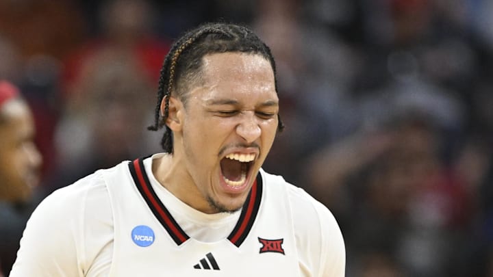 Mar 27, 2025; San Francisco, CA, USA; Texas Tech Red Raiders forward Darrion Williams (5) reacts during overtime against the Arkansas Razorbacks during a West Regional semifinal of the 2025 NCAA tournament at Chase Center. Mandatory Credit: Eakin Howard-Imagn Images Mar 27, 2025; San Francisco, CA, USA; Texas Tech Red Raiders forward Darrion Williams (5) reacts during overtime against the Arkansas Razorbacks during a West Regional semifinal of the 2025 NCAA tournament at Chase Center. Mandatory Credit: Eakin Howard-Imagn Images