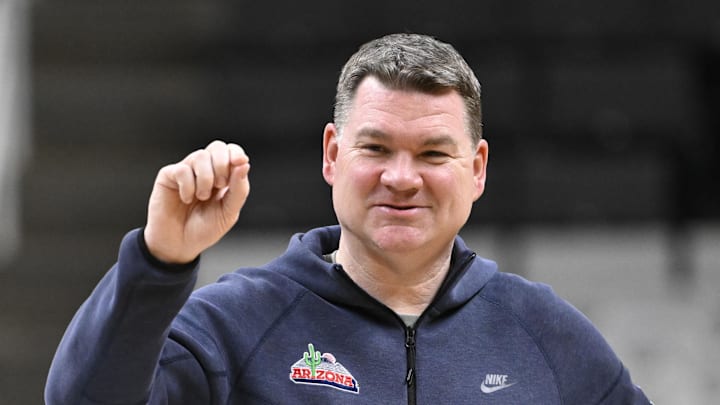 Mar 25, 2026; San Jose, CA, USA; Arizona Wildcats head coach Tommy Lloyd talks during a practice session ahead of the west regional of the men's 2026 NCAA Tournament at SAP Center. Mandatory Credit: Eakin Howard-Imagn Images Mar 25, 2026; San Jose, CA, USA; Arizona Wildcats head coach Tommy Lloyd talks during a practice session ahead of the west regional of the men's 2026 NCAA Tournament at SAP Center. Mandatory Credit: Eakin Howard-Imagn Images