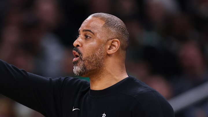 Nov 1, 2025; Boston, Massachusetts, USA; Houston Rockets head coach Ime Udoka reacts during the first half against the Boston Celtics at TD Garden. Mandatory Credit: Paul Rutherford-Imagn Images