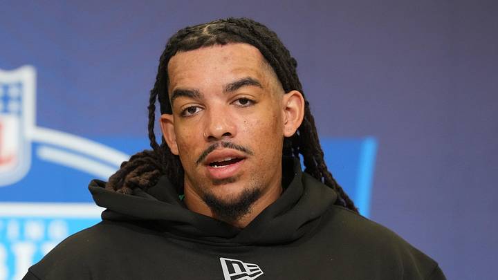 Feb 25, 2026; Indianapolis, IN, USA; TCU linebacker Kaleb Elarms--Orr (LB06) speaks during the NFL Scouting Combine at the Indiana Convention Center. Mandatory Credit: Kirby Lee-Imagn Images