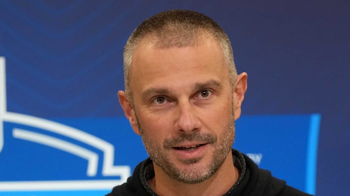 Feb 25, 2025; Indianapolis, IN, USA; Las Vegas Raiders general manager John Spytek speaks during the NFL Scouting Combine at the Indiana Convention Center. Mandatory Credit: Kirby Lee-Imagn Images