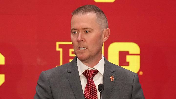 Jul 24, 2025; Las Vegas, NV, USA; USC head coach Lincoln Riley speaks to the media during the Big Ten NCAA college football media days at Mandalay Bay Resort. Mandatory Credit: Lucas Peltier-Imagn Images