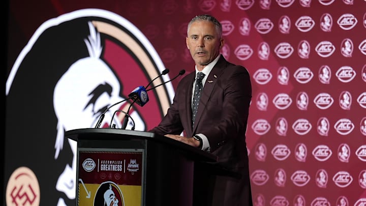 Jul 23, 2025; Charlotte, NC, USA; Florida State head coach Mike Norvell answers questions from the media during ACC Media days at Hilton Charlotte Uptown. Mandatory Credit: Jim Dedmon-Imagn Images