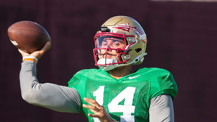 Florida State Seminoles quarterback Ashton Daniels (14) winds up to pass Thursday, April 9, 2026.