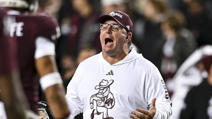 Nov 30, 2024; College Station, Texas, USA; Texas A&M Aggies head coach Mike Elko reacts during the second half against the Texas Longhorns. The Longhorns defeated the Aggies 17-7. at Kyle Field. Mandatory Credit: Maria Lysaker-Imagn Images 