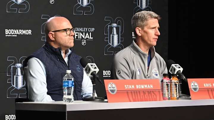 Jun 3, 2025; Edmonton, Alberta, CAN; Edmonton Oilers general manager Stan Bowman along with Oilers head coach Kris Knoblauch are seen during media day in advance of the 2025 Stanley Cup Final at Rogers Place. Mandatory Credit: Walter Tychnowicz-Imagn Images