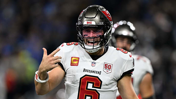 Tampa Bay Buccaneers quarterback Baker Mayfield (6) reacts against the Detroit Lions during the first half at Ford Field. Tampa Bay Buccaneers quarterback Baker Mayfield (6) reacts against the Detroit Lions during the first half at Ford Field.