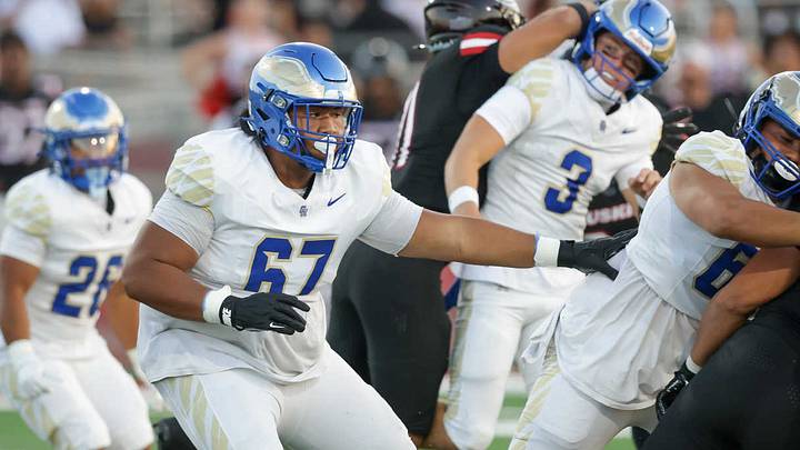 Santa Margarita's 6-1, 315-pound junior Elyjah Aiava protects in a game against Corona Centennial. The Eagles got 111 yards rushing and one touchdown from sophomore Adrian Petero in a 21-20 win over Centennial on Friday to move into the state's No. 1 ranking. They are the defending state Open Division champions. Santa Margarita's 6-1, 315-pound junior Elyjah Aiava protects in a game against Corona Centennial. The Eagles got 111 yards rushing and one touchdown from sophomore Adrian Petero in a 21-20 win over Centennial on Friday to move into the state's No. 1 ranking. They are the defending state Open Division champions.