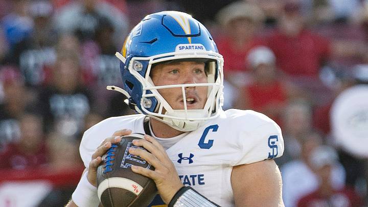 Sep 27, 2025; Stanford, California, USA;  San Jose State Spartans quarterback Walker Eget (5) throws the football during the first quarter against the Stanford Cardinal at Stanford Stadium. Mandatory Credit: Stan Szeto-Imagn Images