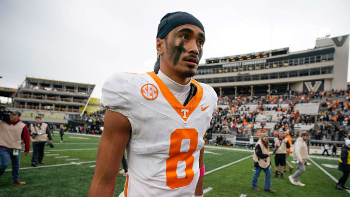 Tennessee quarterback Nico Iamaleava (8) exits the field after the game at FirstBank Stadium in Nashville, Tenn., Saturday, Nov. 30, 2024.